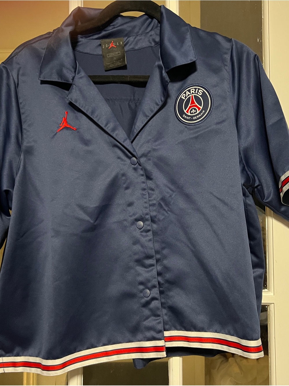 Jordan Navy Satin button up shirt with Red Jumpman Accent